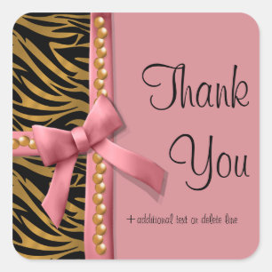 Pink And Gold Zebra Striped With Pearls Square Sticker