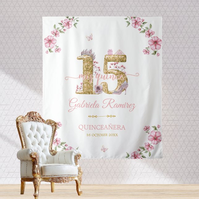Pink and Golden Mis Quince Quinceañera Backdrop Tapestry (Creator Uploaded)