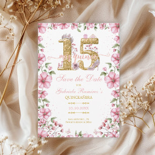 Pink and Golden Miss Quince Quinceañera Save The Date