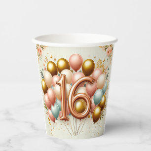 Pink and Golden Sweet Sixteenth Birthday Party Paper Cups