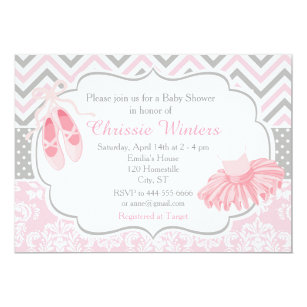 Pink and Gray Chevron Ballerina Baby Shower Invitation