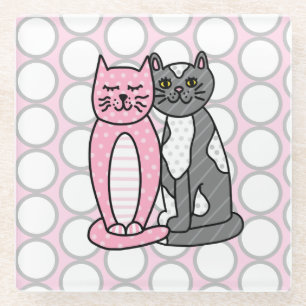 Pink and Gray Cuddly Cute Kitty Cats  Glass Coaster