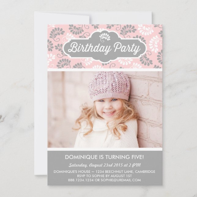 PINK AND GRAY FLORAL PATTERN BIRTHDAY INVITATION (Front)