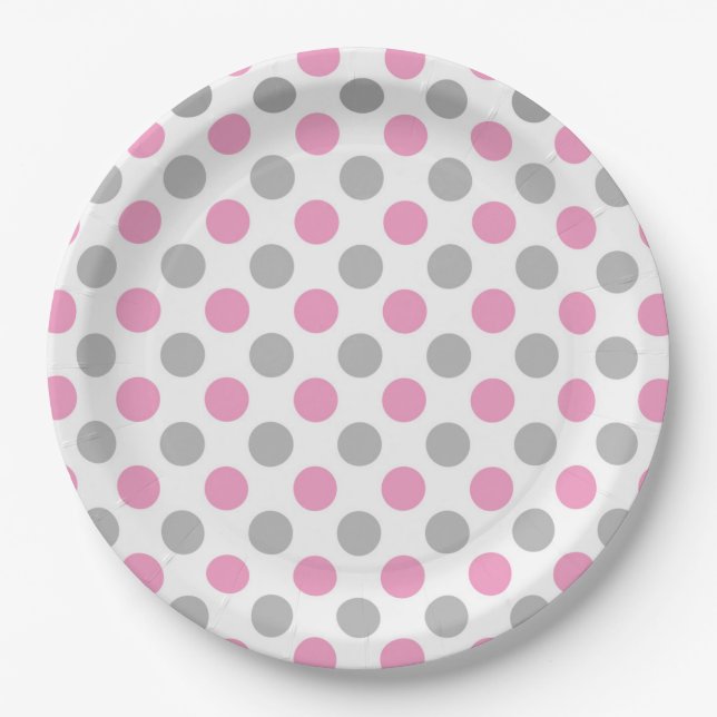 Pink and gray polka dots pattern paper plate (Front)