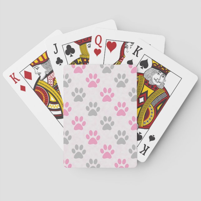 Pink and gray puppy paws pattern playing cards (Back)