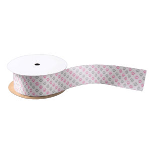 Pink and gray puppy paws pattern satin ribbon
