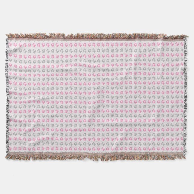 Pink and gray puppy paws pattern throw blanket (Front)