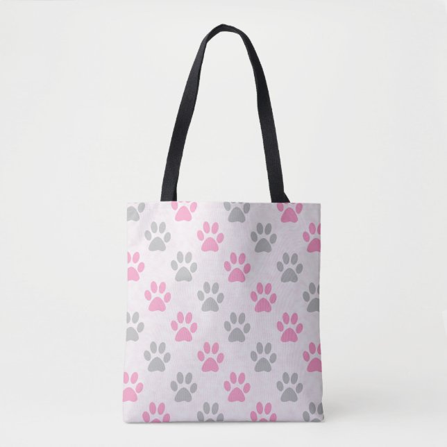 Pink and gray puppy paws pattern tote bag (Front)
