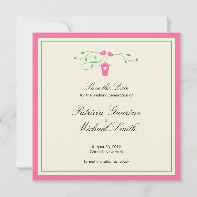 Pink and Greeen Love Birds | Save The Date (Front)