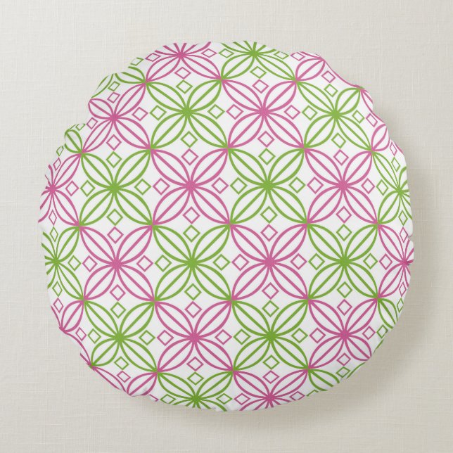 Pink and green abstract circles pattern round cushion (Front)