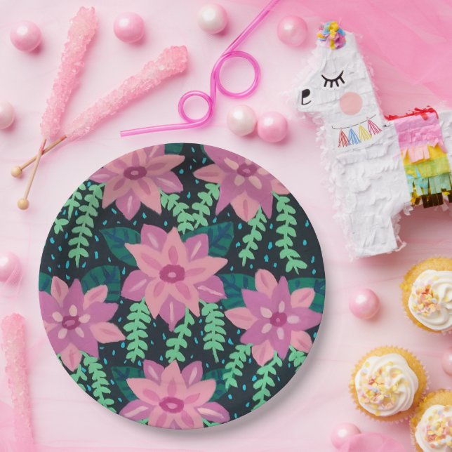 Pink and Green Abstract Floral Print Paper Plate (Party)