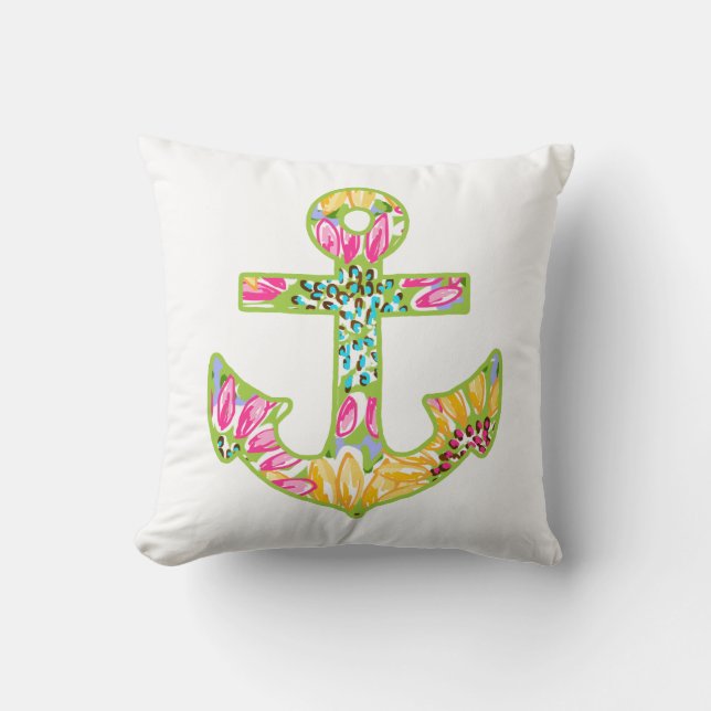 Pink and Green Anchor Throw Pillow (Front)