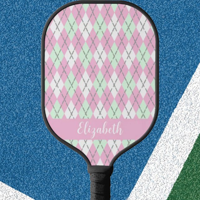 Pink and green argyle preppy custom name modern pickleball paddle (Creator Uploaded)