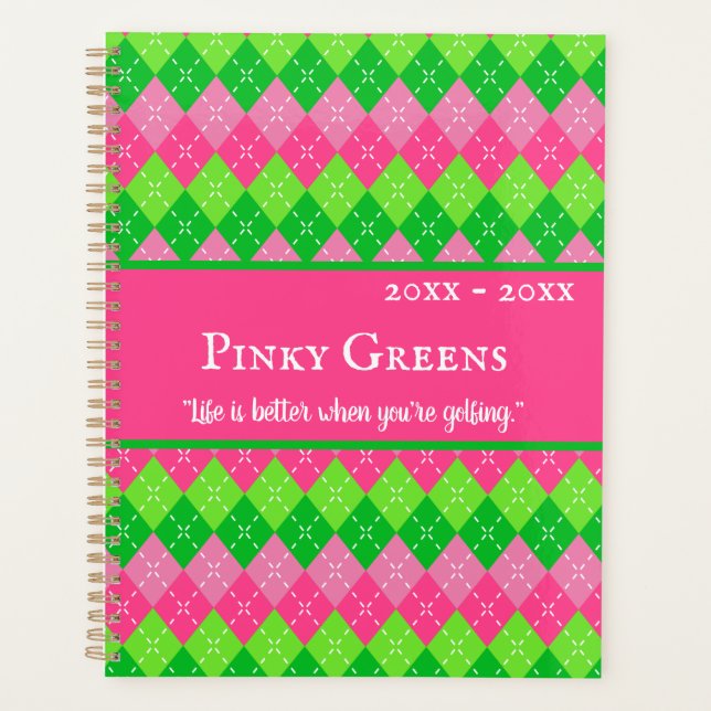 Pink and Green Argyle Preppy Style Personalised Planner (Front)
