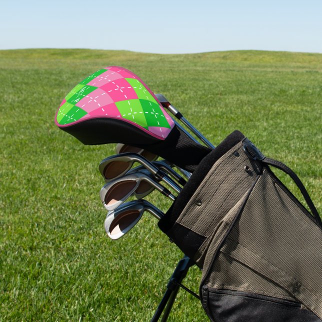 Pink and Green Argyle with White Stitching Golf Head Cover (In Situ)