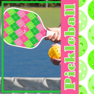 Pink and Green Argyle with White Stitching Pickleball Paddle