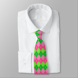 Pink and Green Argyle with White Stitching Tie