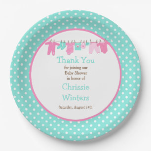 Pink and Green Baby Line Baby Shower Paper Plate