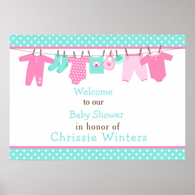 Pink and Green Baby Line Baby Shower Poster (Front)
