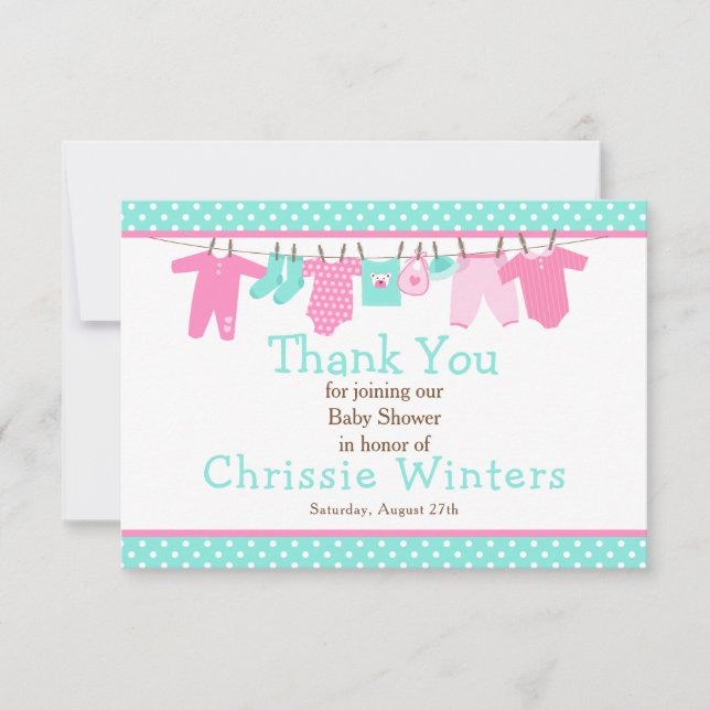 Pink and Green Baby Line Baby Shower Poster Thank You Card (Front)