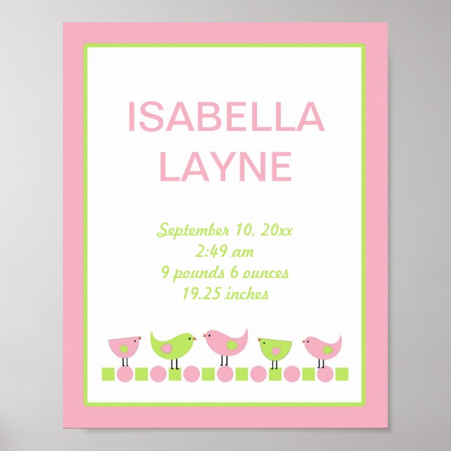 Pink and Green Birds Girl Nursery Wall Art (Front)