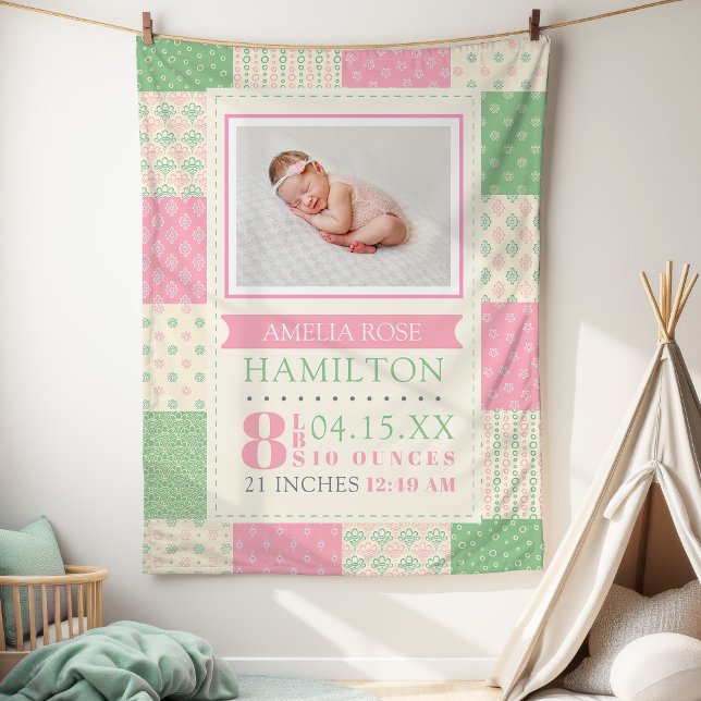 Pink and Green Birth Stats Photo Baby Fleece Blanket (Pink and Green Birth Stats Photo Baby Fleece Blanket)