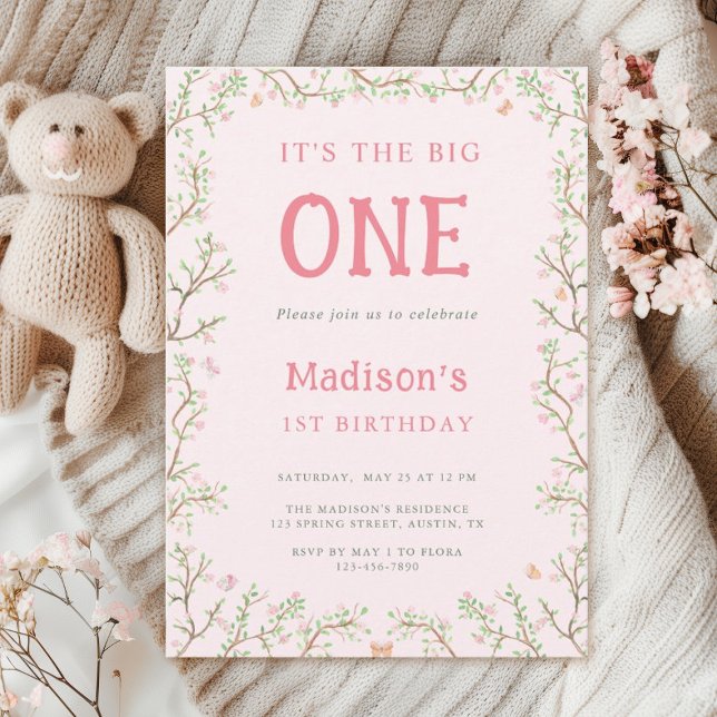 Pink and Green Blossom Floral Frame 1st Birthday  Invitation (Creator Uploaded)