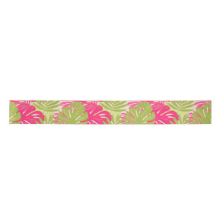 Pink and green bold vibrant monstera tropical leaf satin ribbon