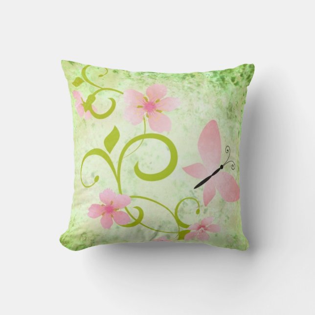 Pink and Green Butterfly Floral Cushion (Front)
