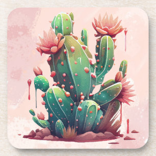 Pink and Green cactus Illustration Coaster