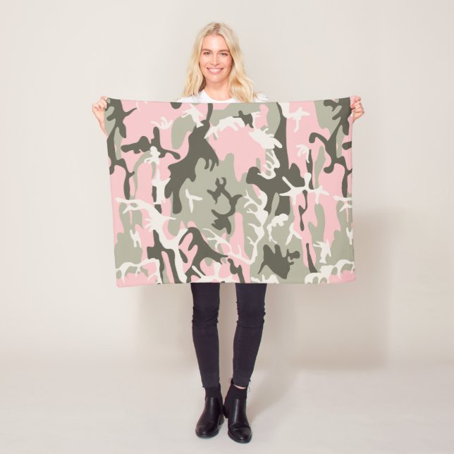 Pink and Green Camouflage, Military, Army Fleece Blanket (In Situ)