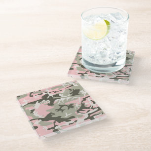Pink and Green Camouflage, Military, Army Glass Coaster