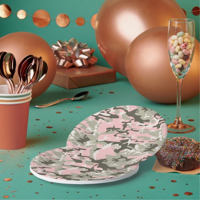 Pink and Green Camouflage, Military, Army Paper Plate (Multi)