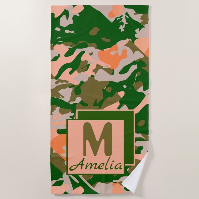 Pink and Green Camouflage Pattern Beach Towel (Front)