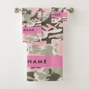 Pink and Green Camouflage Your name Personalise Bath Towel Set