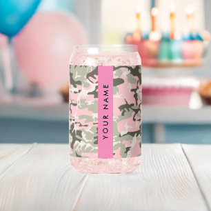Pink and Green Camouflage Your name Personalise Can Glass