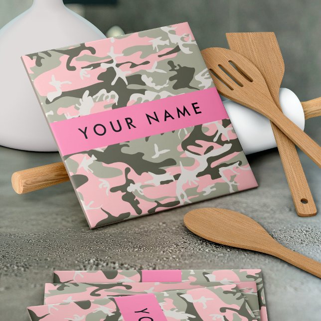 Pink and Green Camouflage Your name Personalise Ceramic Tile (Creator Uploaded)
