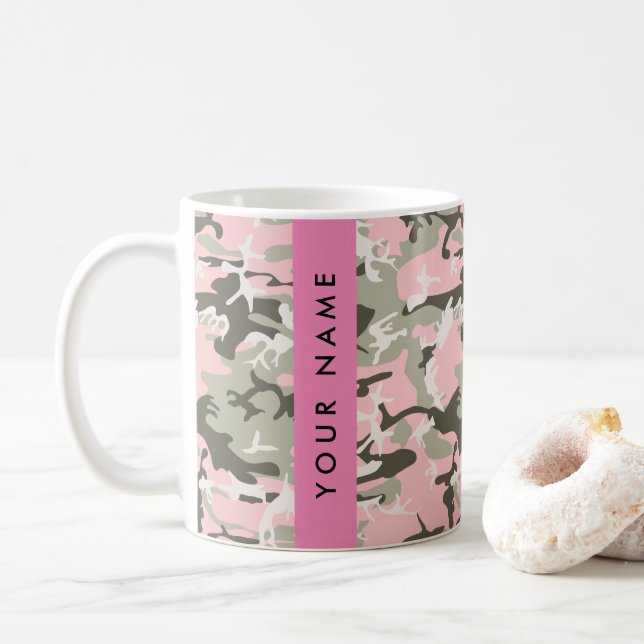 Pink and Green Camouflage Your name Personalise Coffee Mug (With Donut)