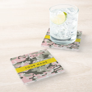 Pink and Green Camouflage Your name Personalise Glass Coaster