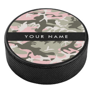 Pink and Green Camouflage Your name Personalise Hockey Puck