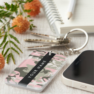 Pink and Green Camouflage Your name Personalise Key Ring