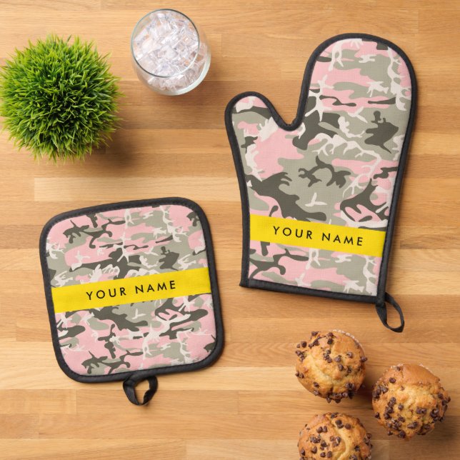 Pink and Green Camouflage Your name Personalise Oven Mitt & Pot Holder Set (Top Down)
