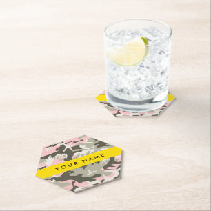 Pink and Green Camouflage Your name Personalise Paper Coaster