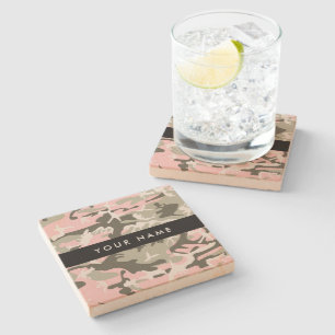 Pink and Green Camouflage Your name Personalise Stone Coaster