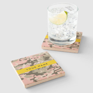 Pink and Green Camouflage Your name Personalise Stone Coaster