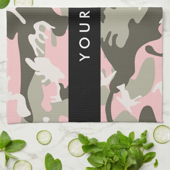 Pink and Green Camouflage Your name Personalise Tea Towel (Folded)