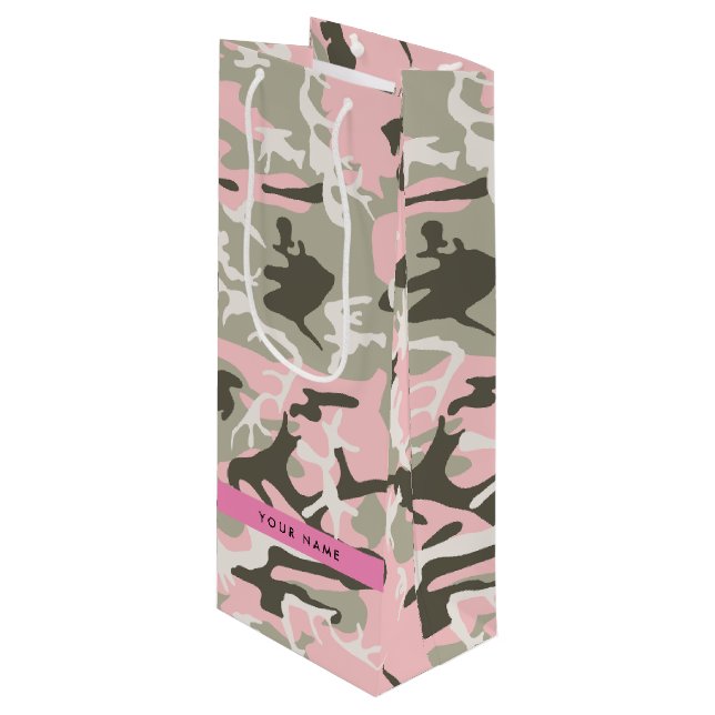 Pink and Green Camouflage Your name Personalise Wine Gift Bag (Front Angled)
