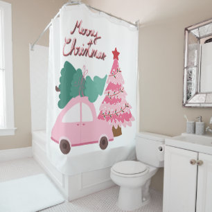 Pink and Green Car & Christmas Tree Shower Curtain
