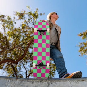 Pink and Green Checkered Print Skateboard