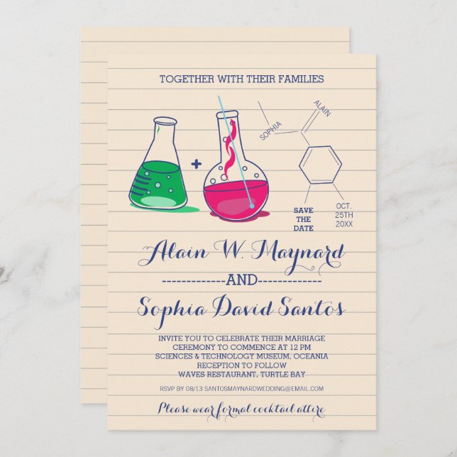 Pink and Green Chemistry Wedding Invitations (Front/Back)